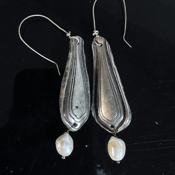 Genuine Pearls Antique Sterling Silver 925 Earrings Drop Dangle Repousse - Picture 5 of 9